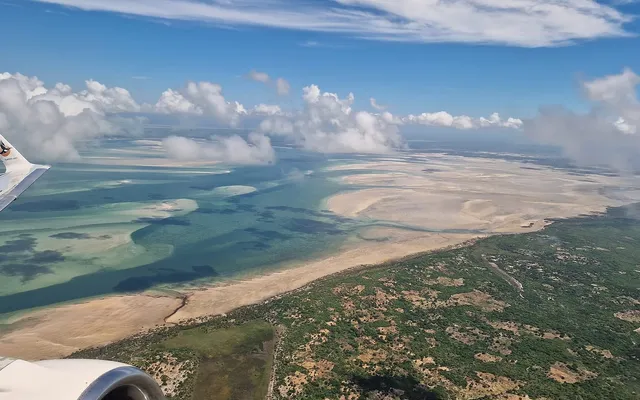 Aerial view of the sandbanks and turquoise water off Vilanculos