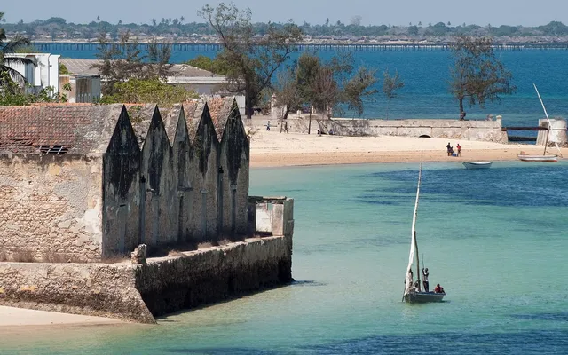 Island of Mozambique seen from the Fortress of St Sebastian, with a dhow offshore