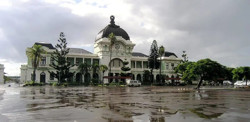 Façade of Maputo Central Railway Station, with its dome