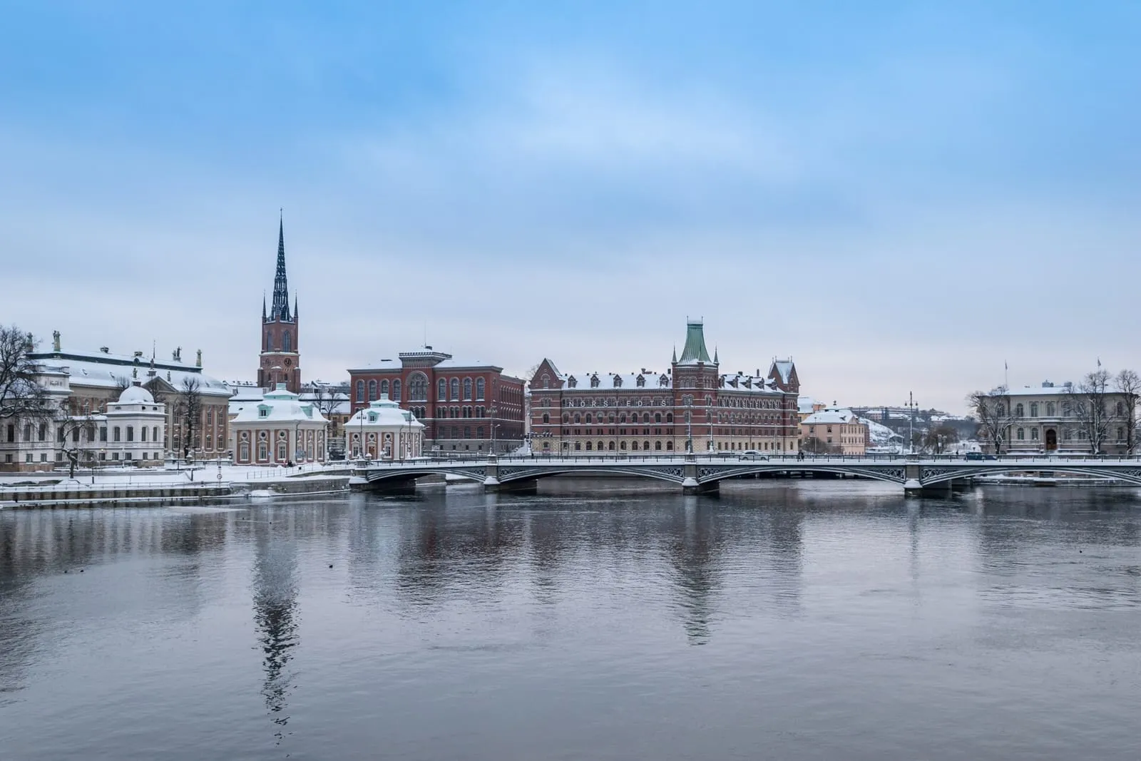 Riddarholmen and Stockholm's old town seen across the water in winter