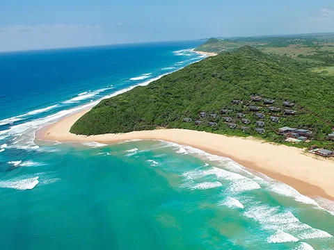Aerial view of a golden bay beside a forested hill