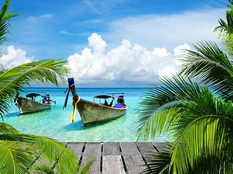 Two boats moored by a wooden jetty among palm trees