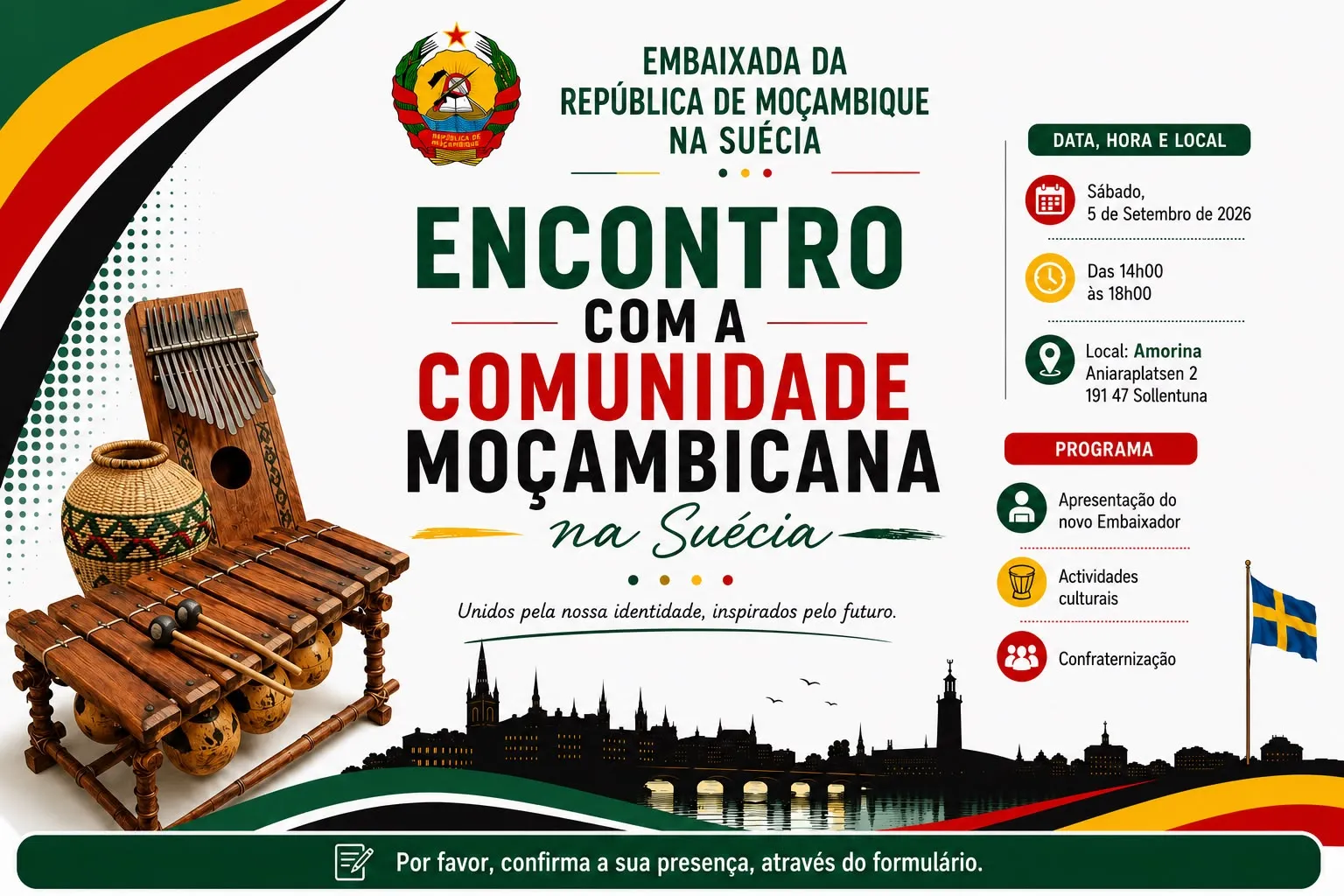 Cartaz: Encontro com a Comunidade Moçambicana na Suécia, 5 de Setembro de 2026