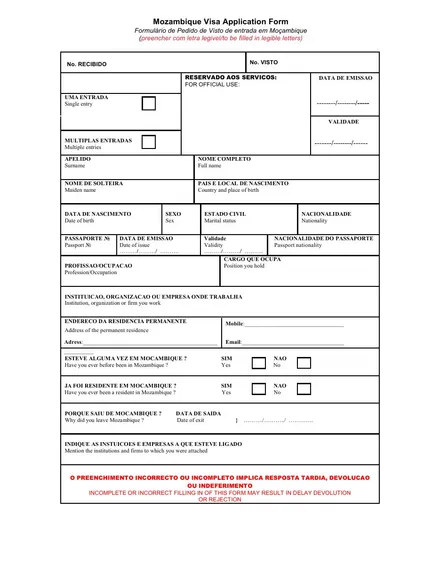 First page of Mozambique visa application form